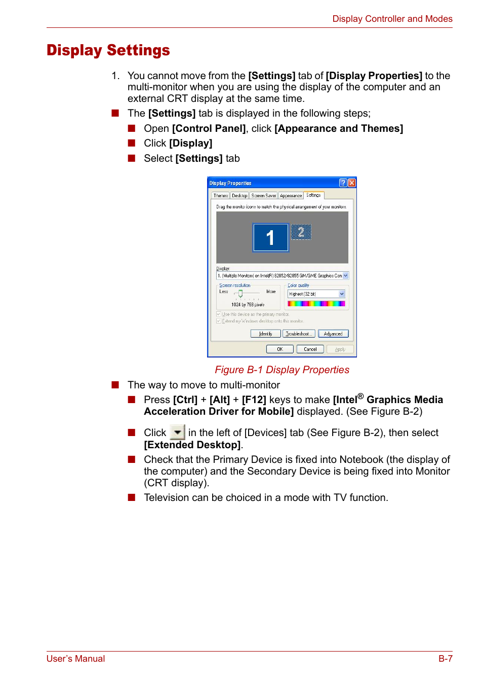 Display settings | Toshiba Tecra A3X User Manual | Page 166 / 193