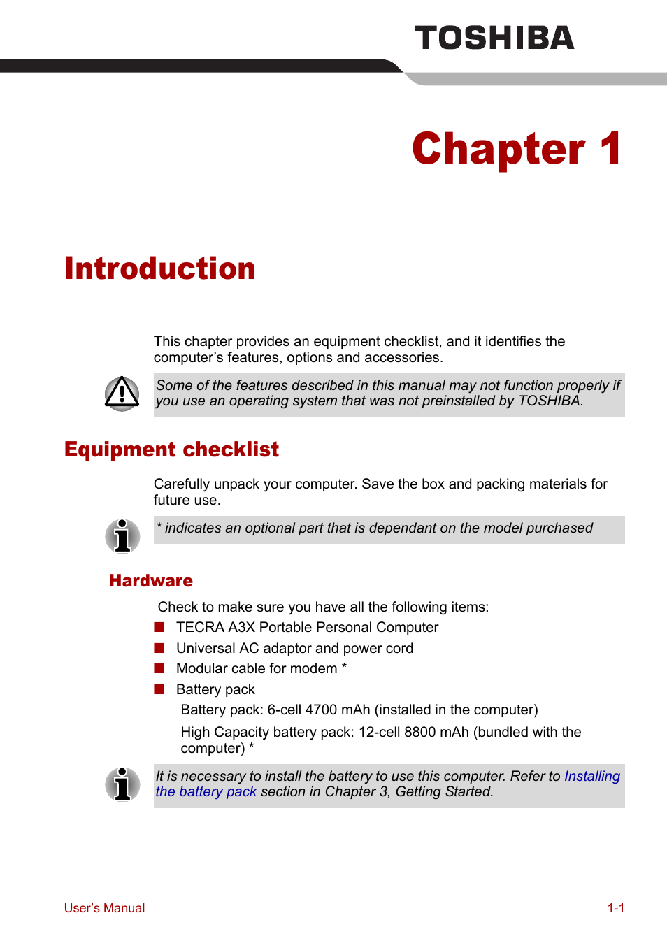 Chapter 1: introduction, Equipment checklist, Chapter 1 | Introduction, Equipment checklist -1 | Toshiba Tecra A3X User Manual | Page 17 / 193