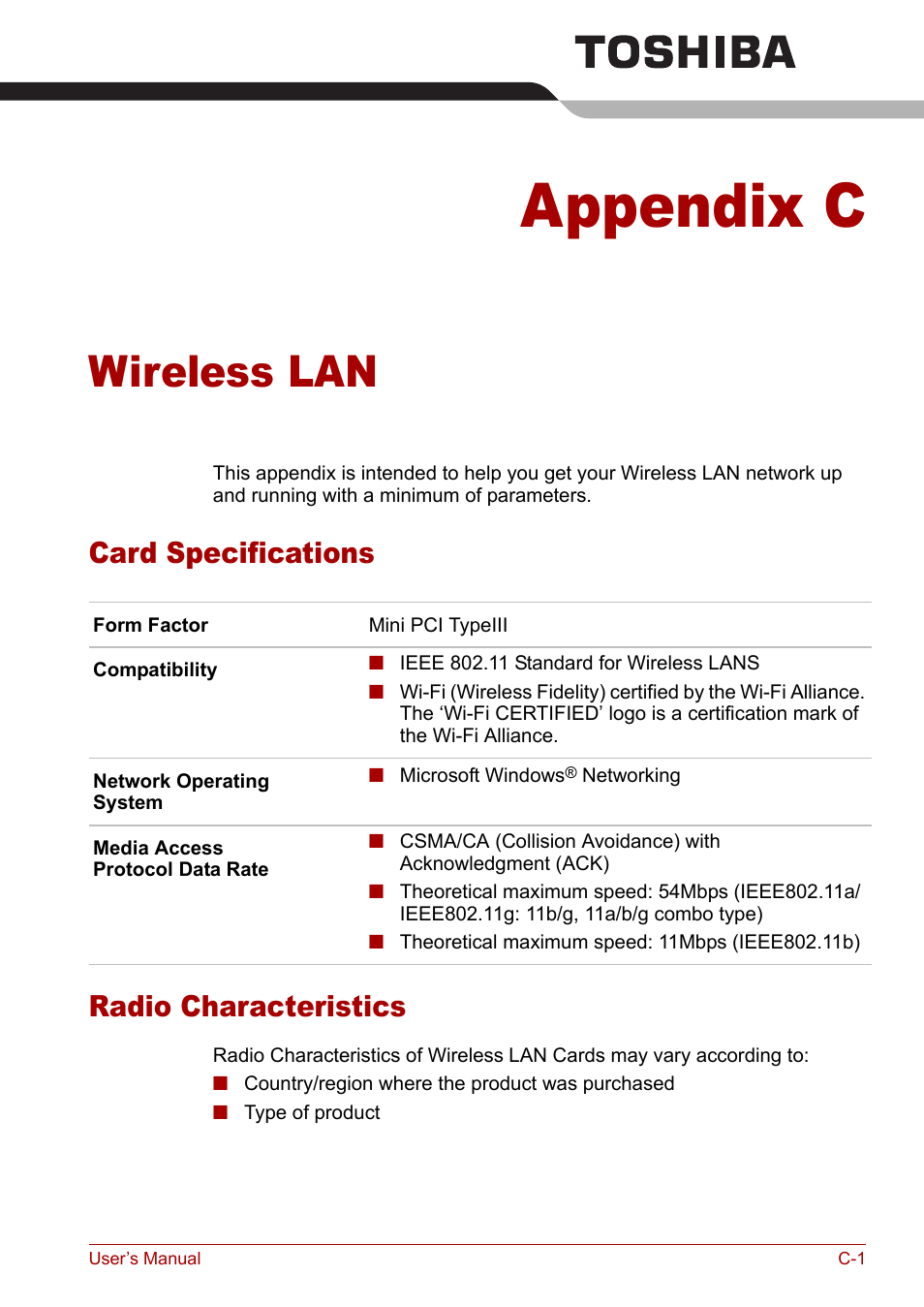 Appendix c: wireless lan, Card specifications, Radio characteristics | Appendix c, Wireless lan, Card specifications radio characteristics | Toshiba Tecra A3X User Manual | Page 170 / 193