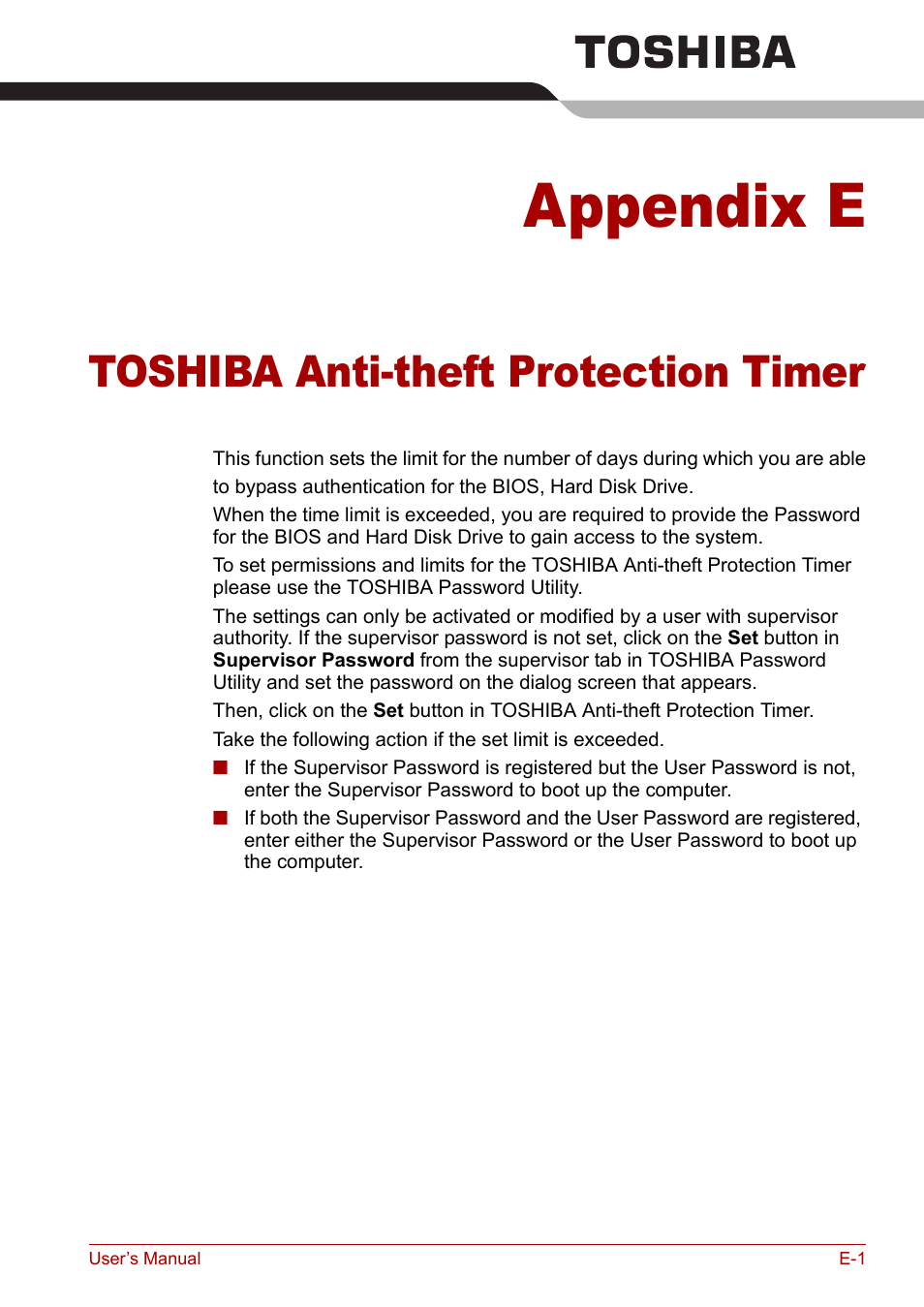 Appendix e: toshiba anti-theft protection timer, Appendix e, Toshiba anti-theft protection timer | Toshiba Tecra A3X User Manual | Page 175 / 193