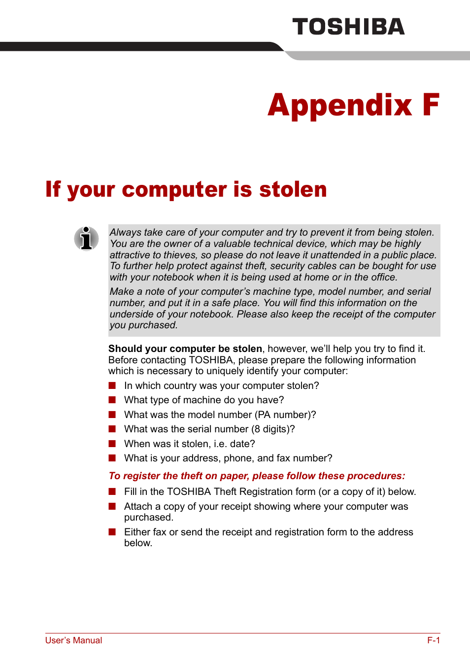 Appendix f: if your computer is stolen, Appendix f, If your computer is stolen | Toshiba Tecra A3X User Manual | Page 176 / 193