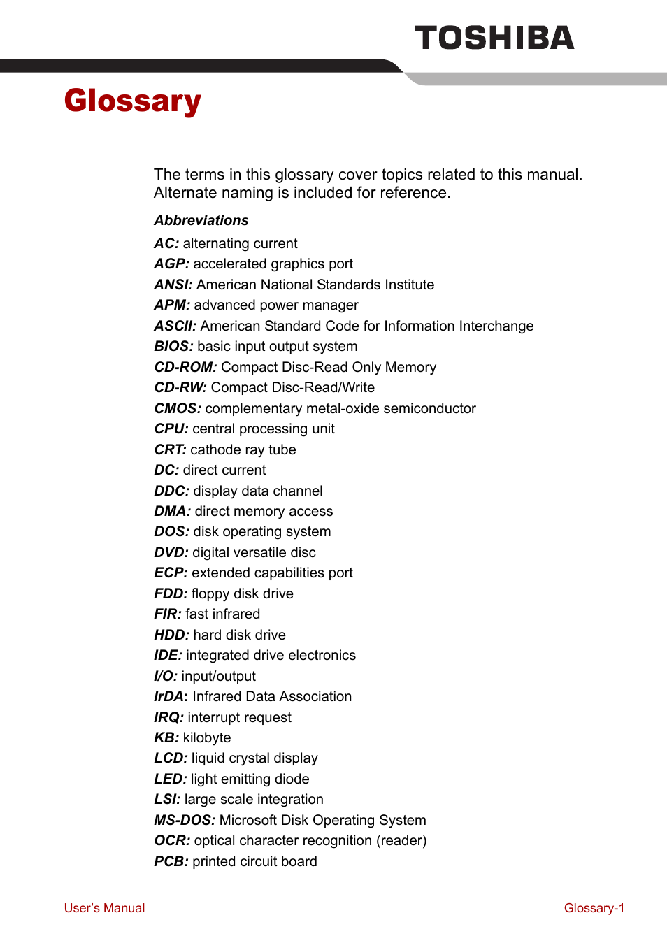 Glossary | Toshiba Tecra A3X User Manual | Page 178 / 193