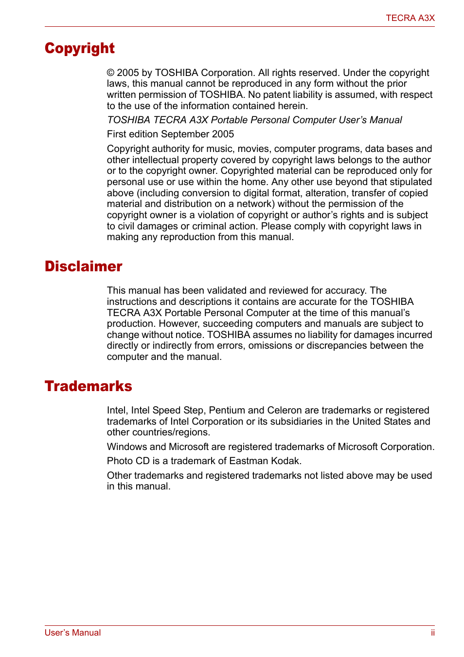 Disclaimer, Copyright, Trademarks | Toshiba Tecra A3X User Manual | Page 2 / 193
