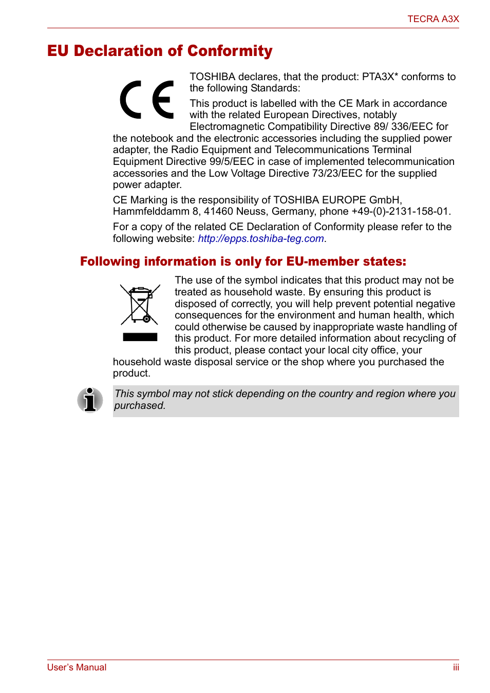 Eu declaration of conformity, Following information is only for eu-member states | Toshiba Tecra A3X User Manual | Page 3 / 193