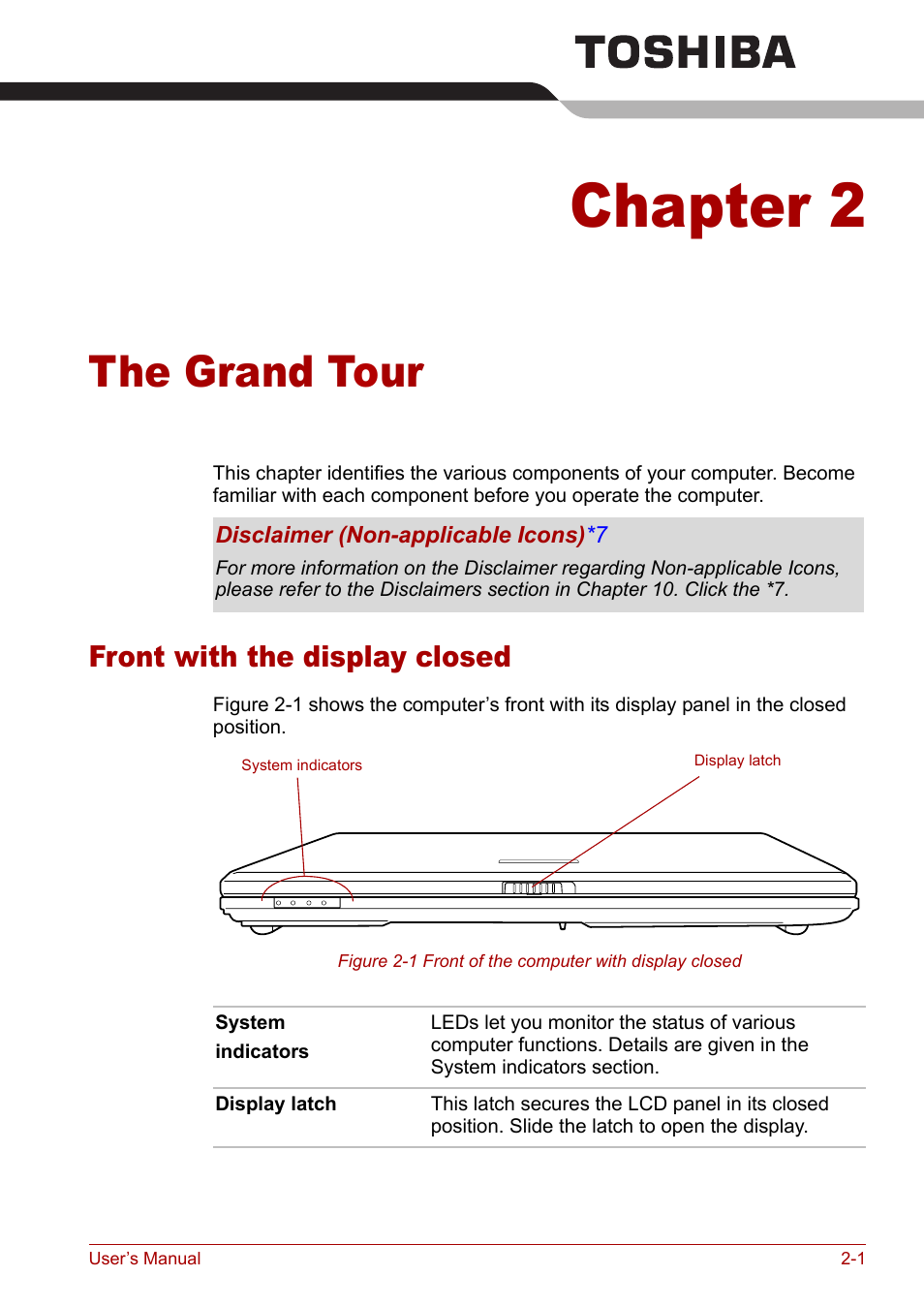 Chapter 2: the grand tour, Front with the display closed, Chapter 2 | The grand tour, Front with the display closed -1, The grand t o ur | Toshiba Tecra A3X User Manual | Page 32 / 193