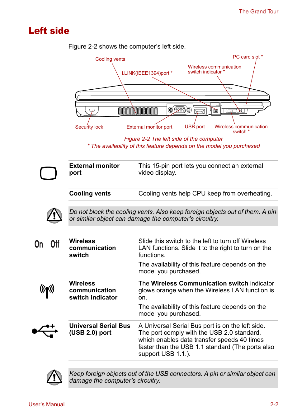 Left side, Left side -2 | Toshiba Tecra A3X User Manual | Page 33 / 193