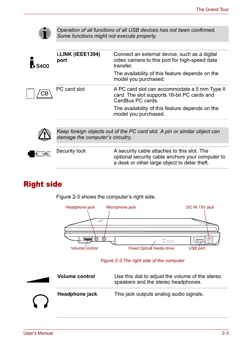 Right side, Right side -3 | Toshiba Tecra A3X User Manual | Page 34 / 193