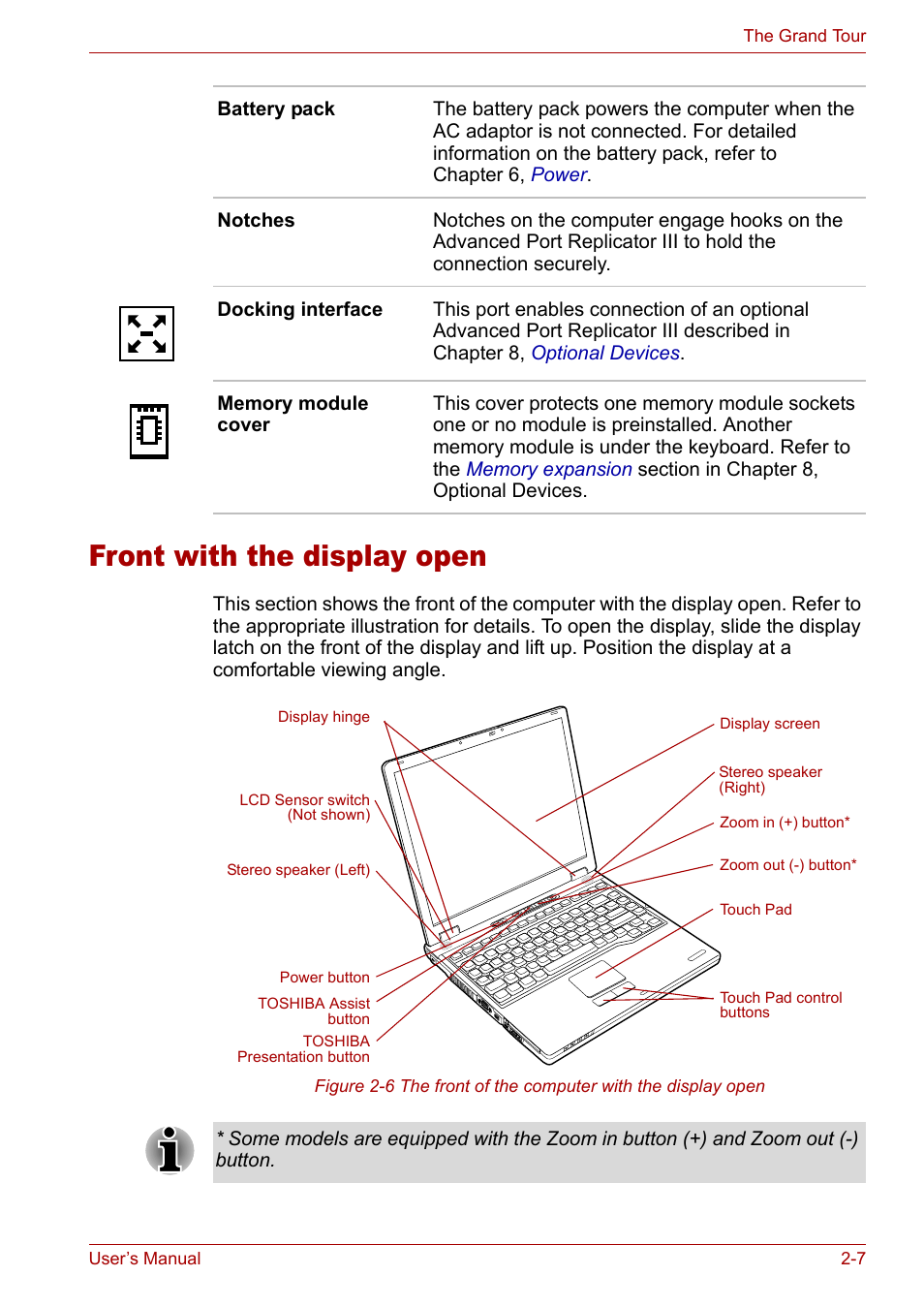 Front with the display open, Front with the display open -7 | Toshiba Tecra A3X User Manual | Page 38 / 193