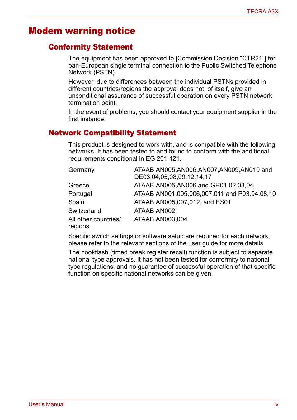 Modem warning notice, Conformity statement, Network compatibility statement | Toshiba Tecra A3X User Manual | Page 4 / 193