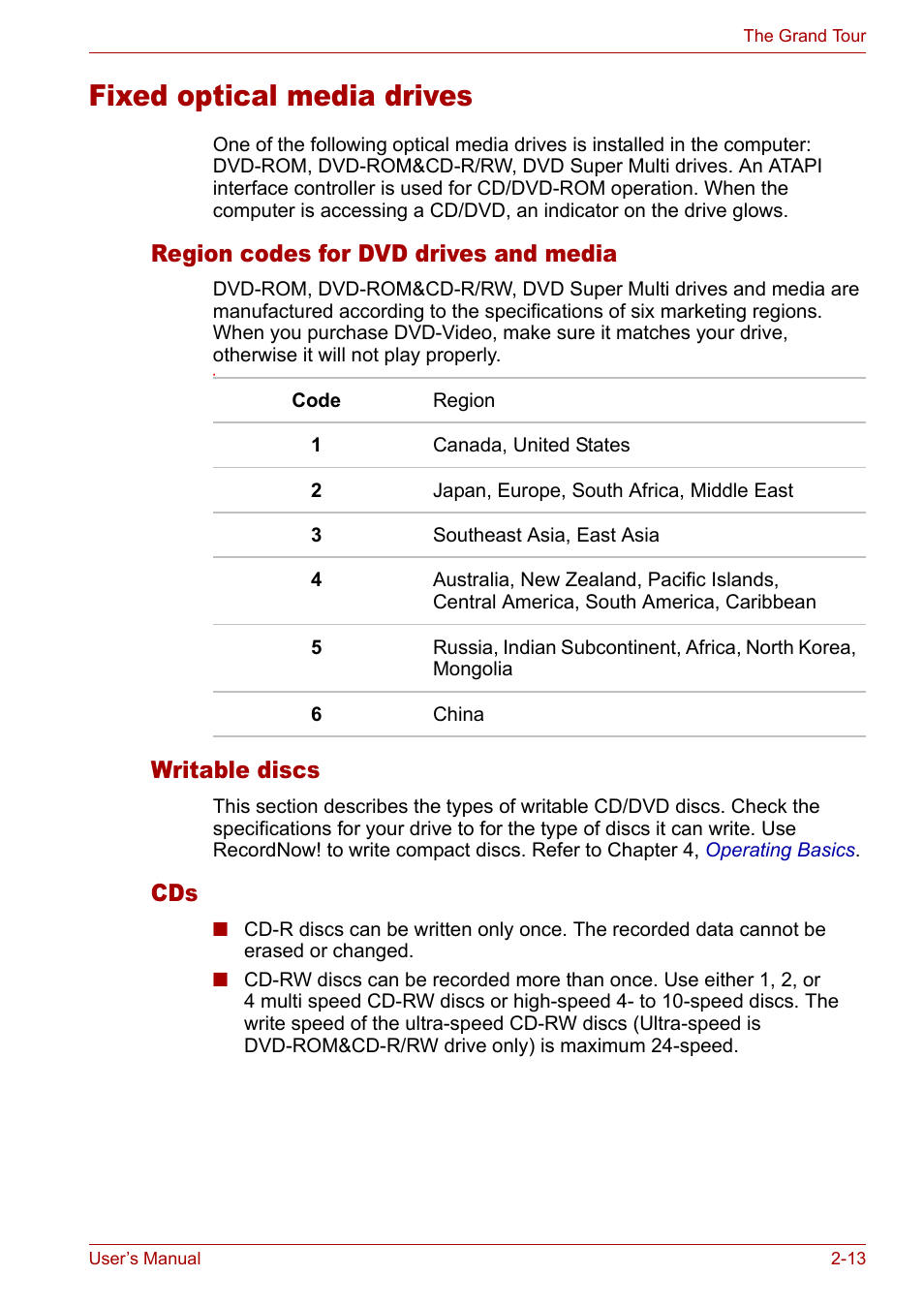 Fixed optical media drives, Fixed optical media drives -13, Region codes for dvd drives and media | Writable discs | Toshiba Tecra A3X User Manual | Page 44 / 193