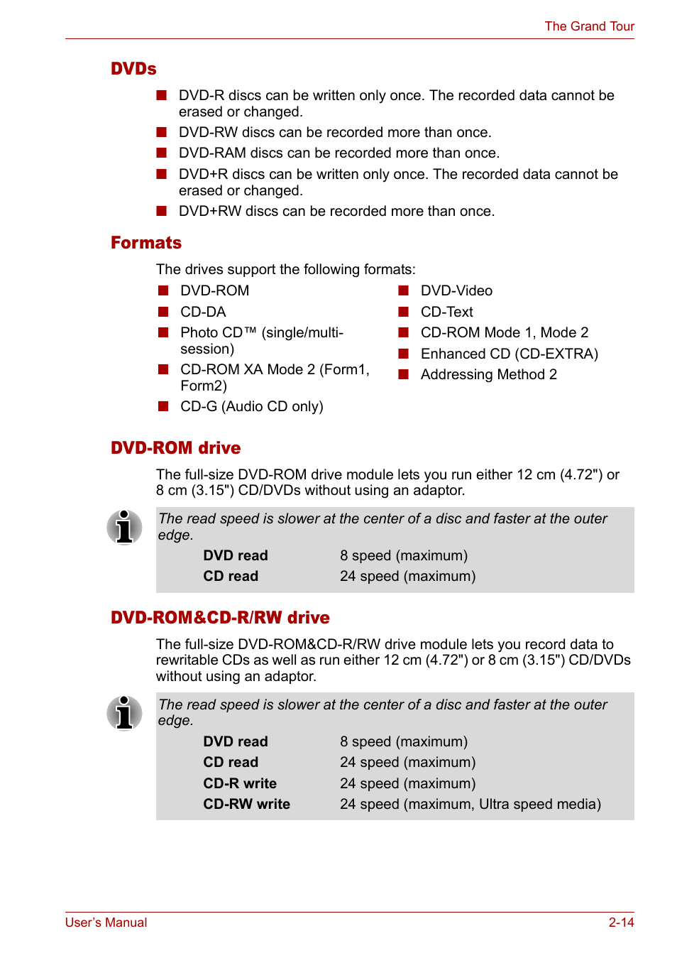 Dvds, Formats, Dvd-rom drive | Dvd-rom&cd-r/rw drive | Toshiba Tecra A3X User Manual | Page 45 / 193