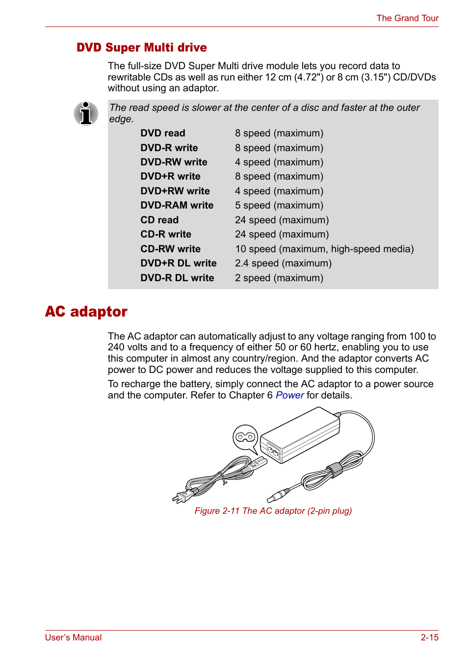 Ac adaptor, Ac adaptor -15, To the | Section in, Dvd super multi drive | Toshiba Tecra A3X User Manual | Page 46 / 193