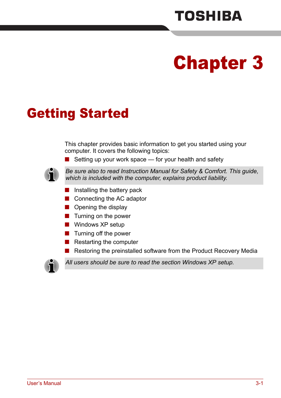 Chapter 3: getting started, Chapter 3, Getting started | Provi | Toshiba Tecra A3X User Manual | Page 48 / 193