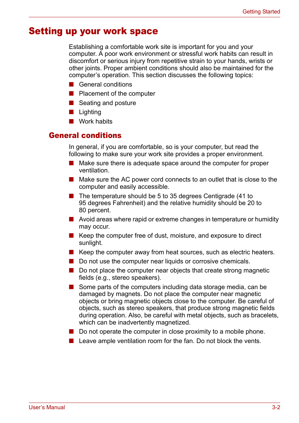 Setting up your work space, Setting up your work space -2, General conditions | Toshiba Tecra A3X User Manual | Page 49 / 193