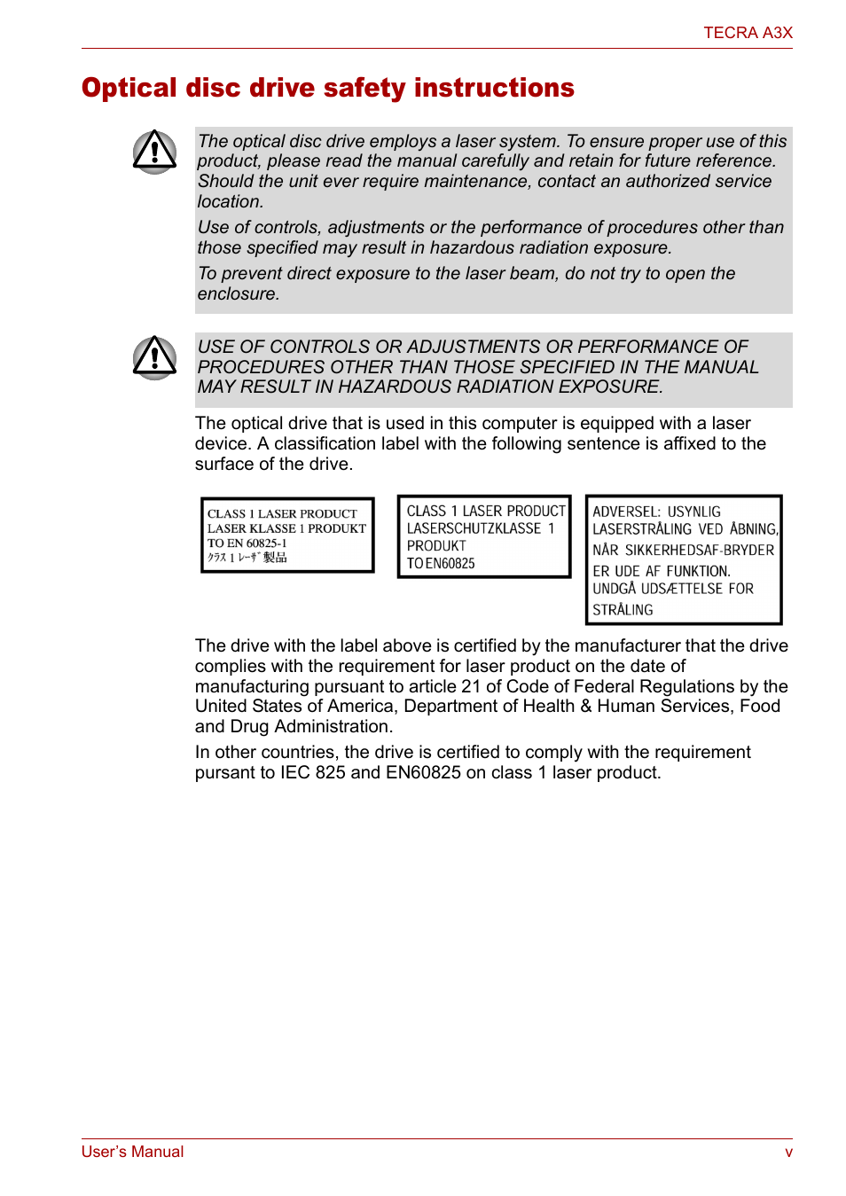 Optical disc drive safety instructions | Toshiba Tecra A3X User Manual | Page 5 / 193