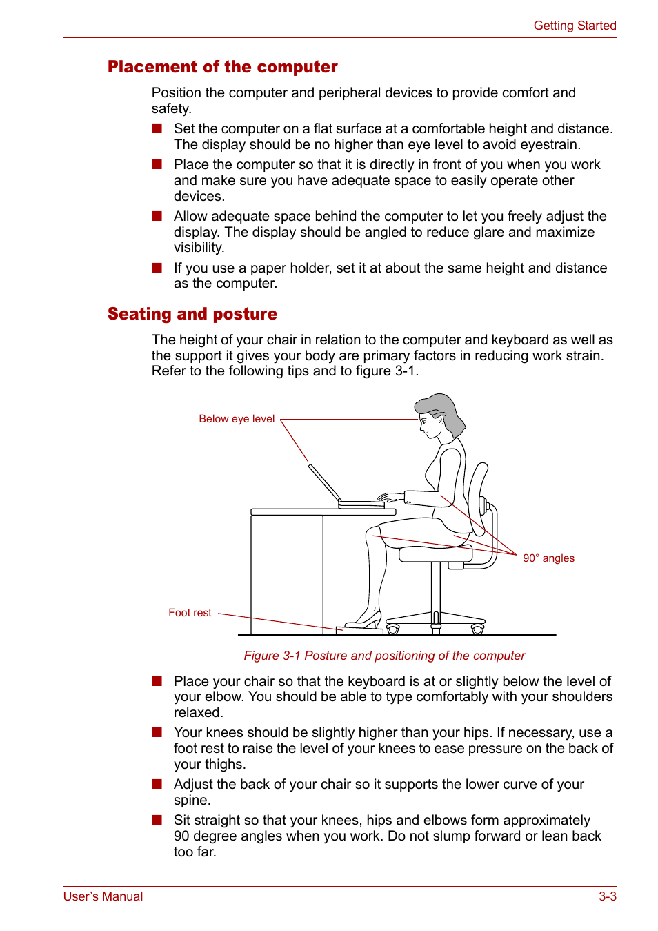 Placement of the computer, Seating and posture | Toshiba Tecra A3X User Manual | Page 50 / 193