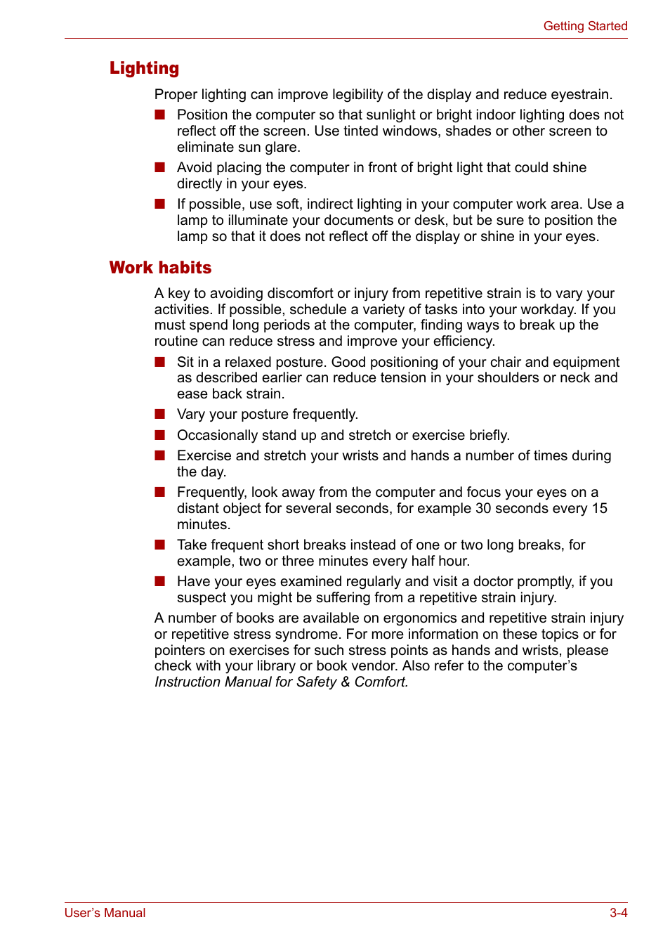 Lighting, Work habits | Toshiba Tecra A3X User Manual | Page 51 / 193