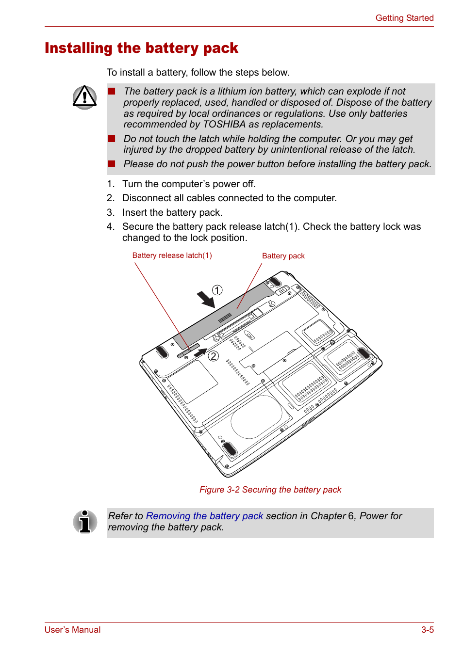 Installing the battery pack, Installing the battery pack -5 | Toshiba Tecra A3X User Manual | Page 52 / 193