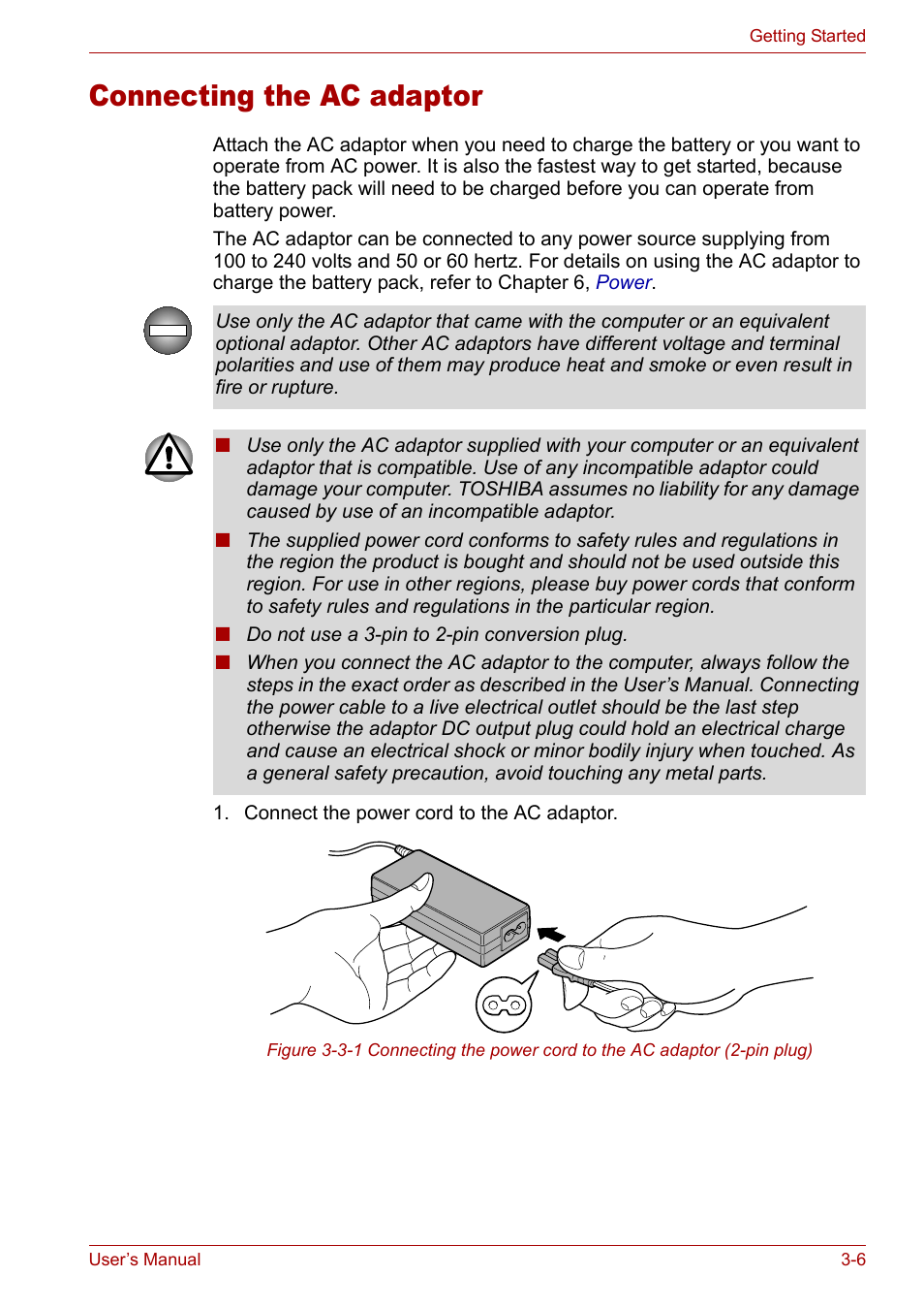 Connecting the ac adaptor, Connecting the ac adaptor -6 | Toshiba Tecra A3X User Manual | Page 53 / 193