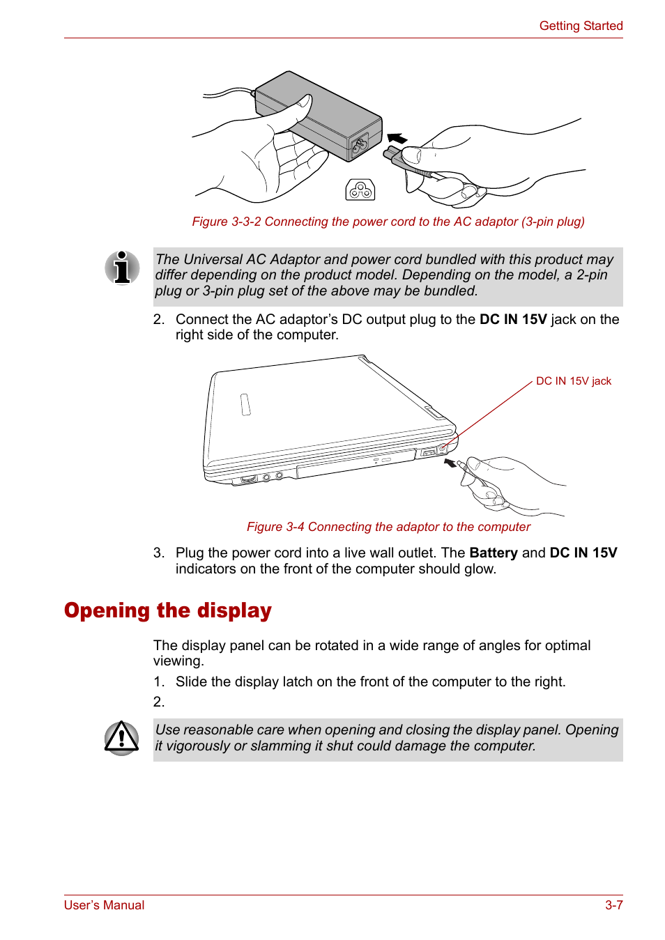 Opening the display, Opening the display -7 | Toshiba Tecra A3X User Manual | Page 54 / 193