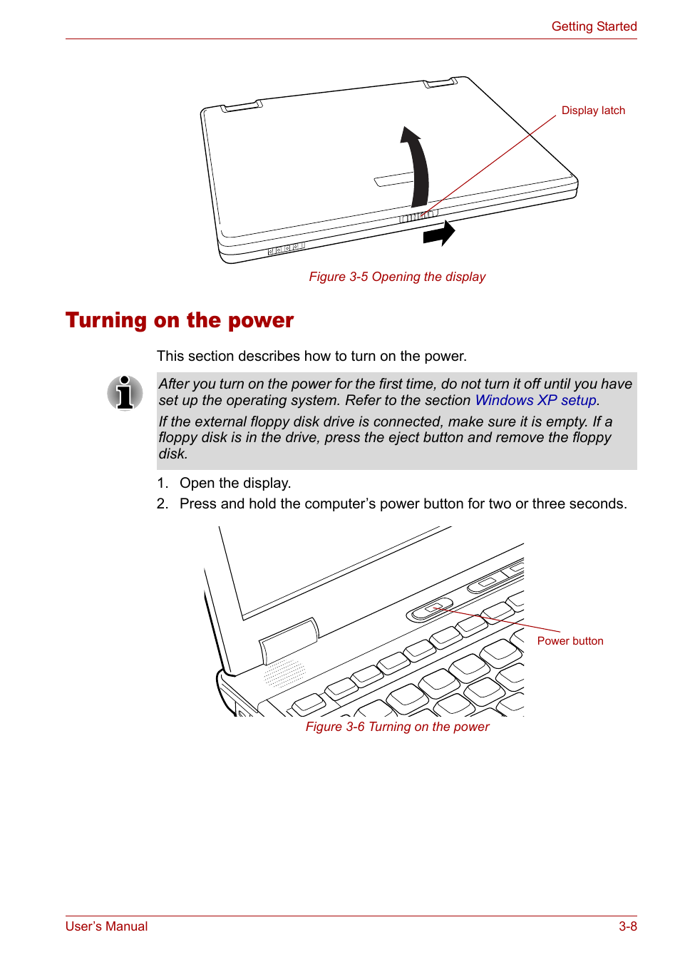 Turning on the power, Turning on the power -8 | Toshiba Tecra A3X User Manual | Page 55 / 193