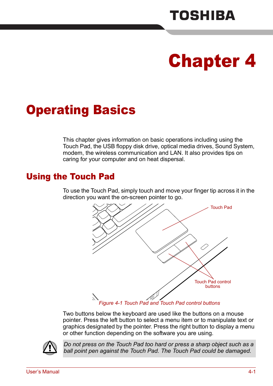 Chapter 4: operating basics, Using the touch pad, Chapter 4 | Operating basics, Using the touch pad -1, Incl, Section in | Toshiba Tecra A3X User Manual | Page 61 / 193