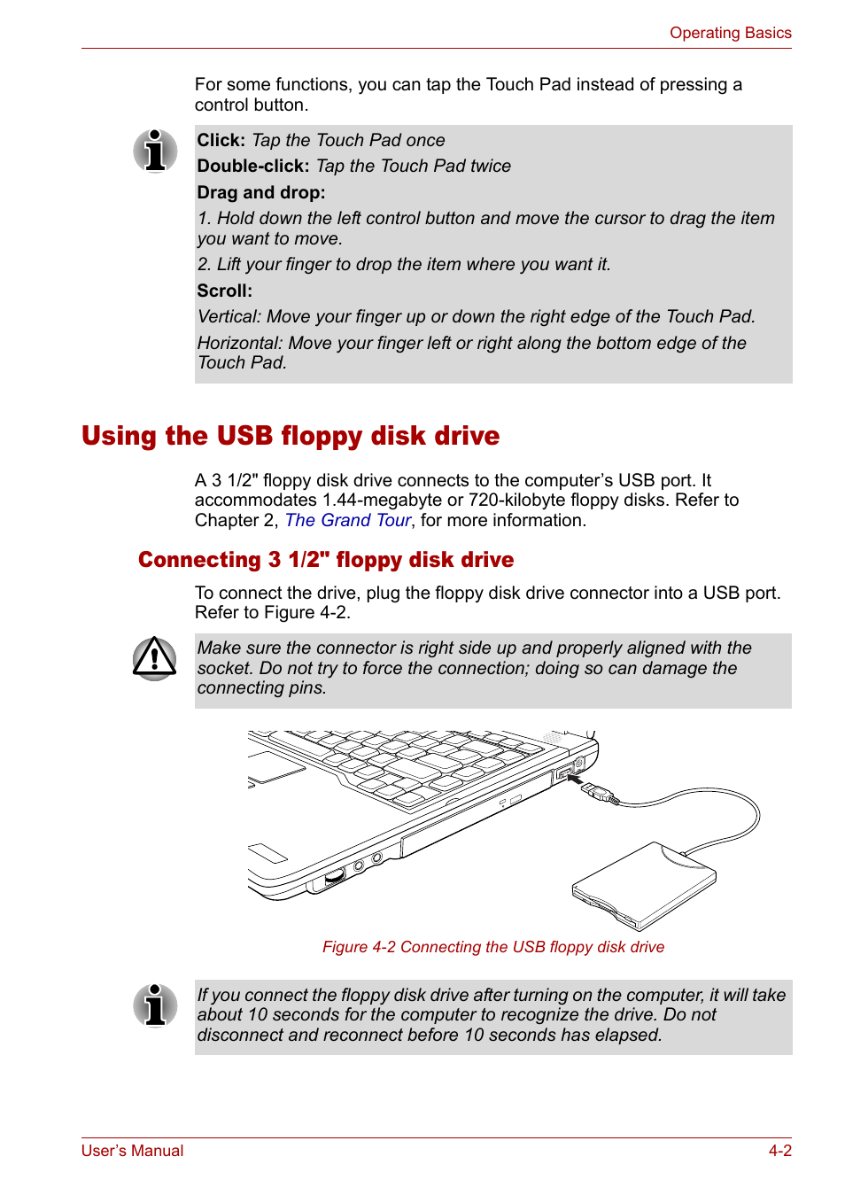 Using the usb floppy disk drive, Using the usb floppy disk drive -2, Connecting 3 1/2" floppy disk drive | Toshiba Tecra A3X User Manual | Page 62 / 193