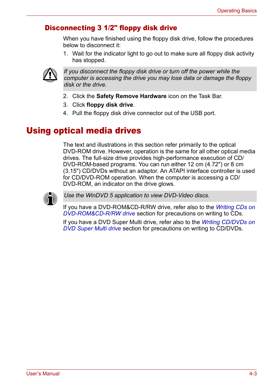 Using optical media drives, Using optical media drives -3, Disconnecting 3 1/2" floppy disk drive | Toshiba Tecra A3X User Manual | Page 63 / 193