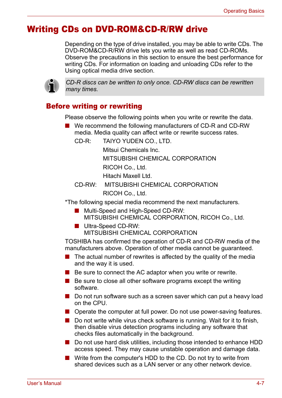 Writing cds on dvd-rom&cd-r/rw drive, Writing cds on dvd-rom&cd-r/rw drive -7, Writing cds on | Dvd-rom&cd-r/rw drive, Before writing or rewriting | Toshiba Tecra A3X User Manual | Page 67 / 193