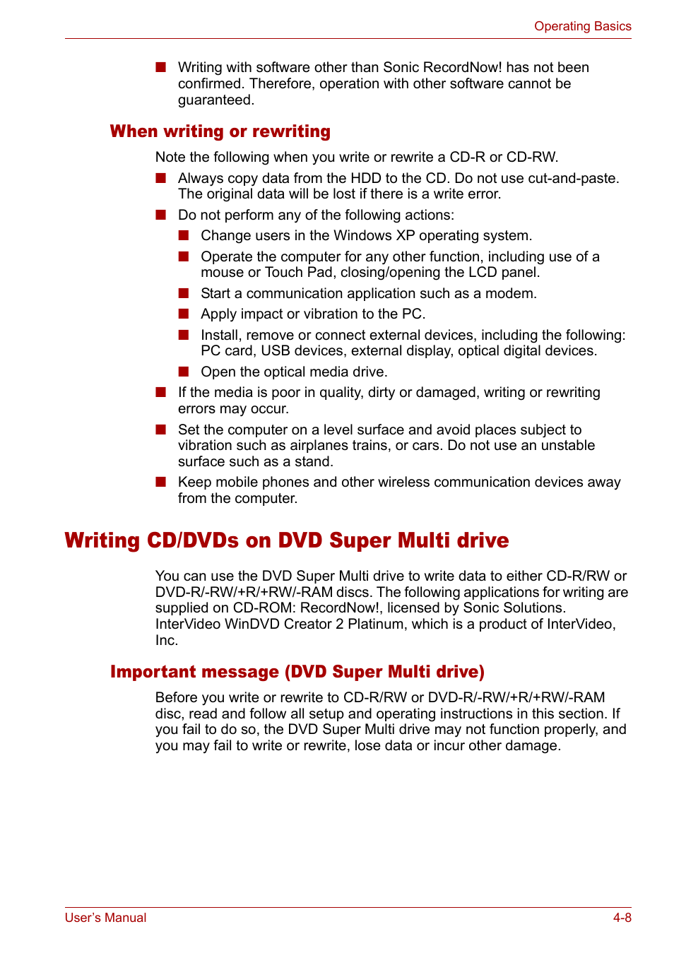 Writing cd/dvds on dvd super multi drive, Writing cd/dvds on dvd super multi drive -8, Writing cd/dvds on | Dvd super multi drive, When writing or rewriting, Important message (dvd super multi drive) | Toshiba Tecra A3X User Manual | Page 68 / 193