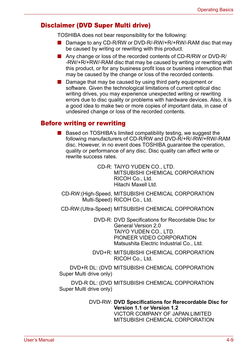 Disclaimer (dvd super multi drive), Before writing or rewriting | Toshiba Tecra A3X User Manual | Page 69 / 193