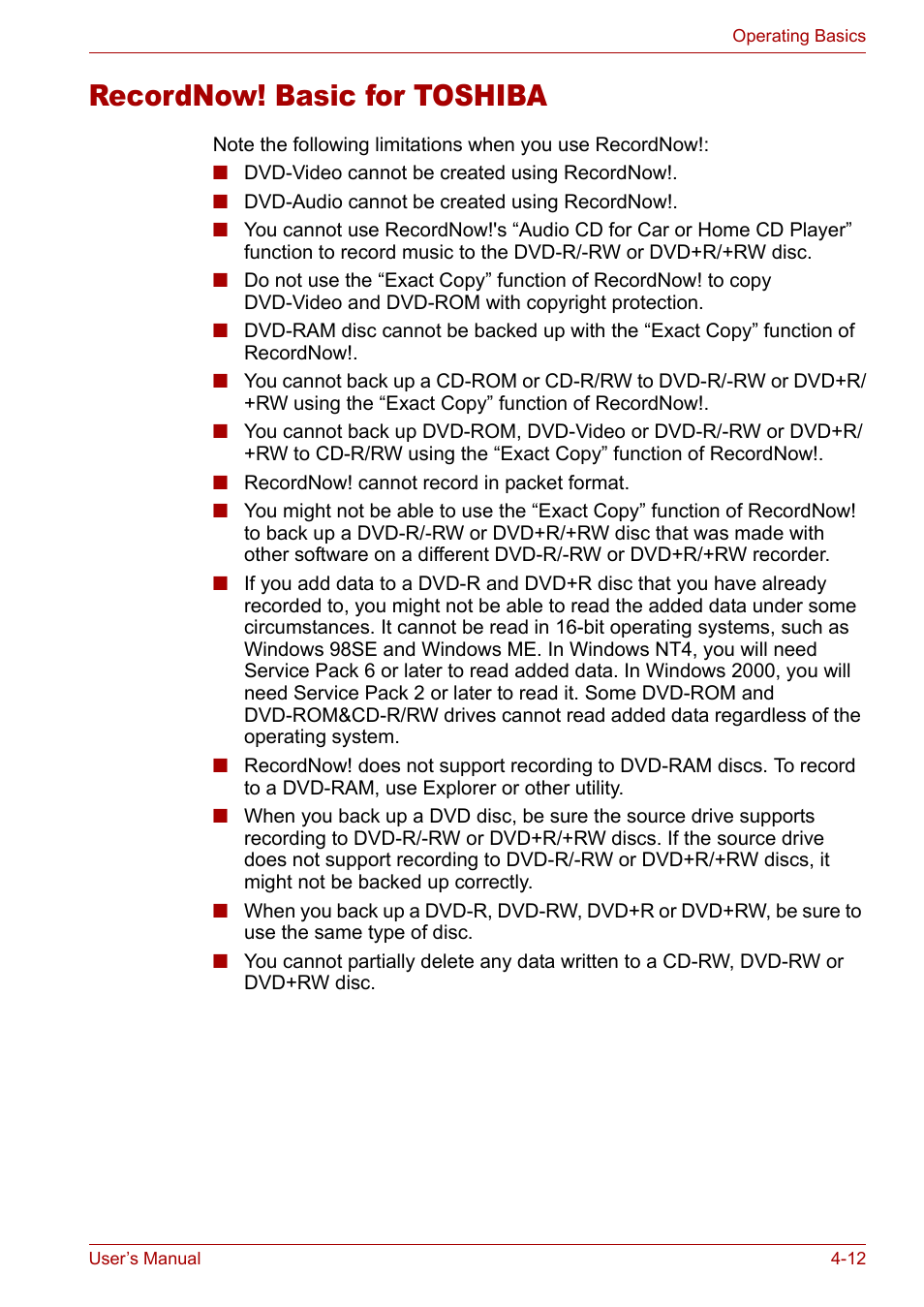 Recordnow! basic for toshiba, Recordnow! basic for toshiba -12 | Toshiba Tecra A3X User Manual | Page 72 / 193