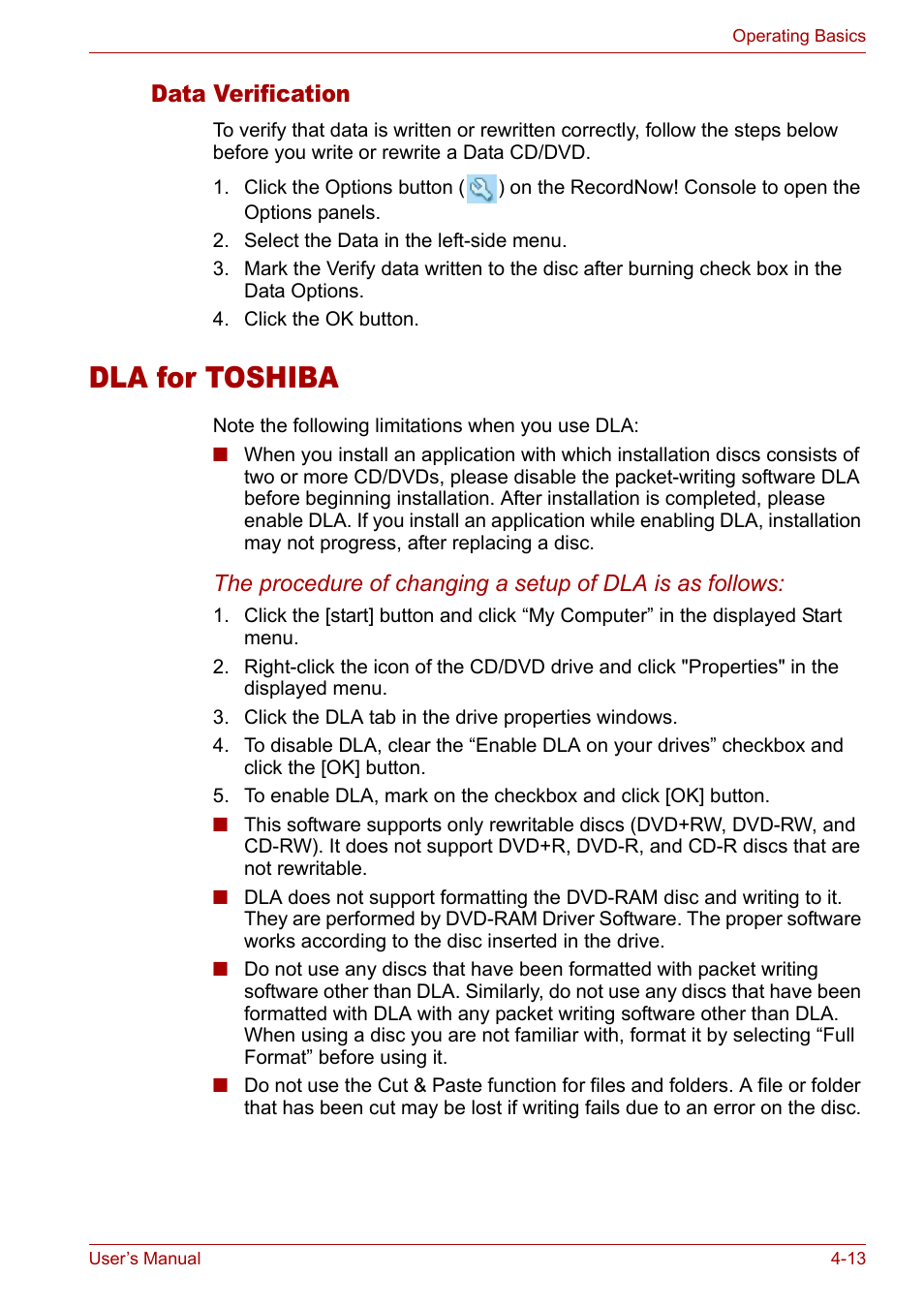 Dla for toshiba, Dla for toshiba -13, Data verification | Toshiba Tecra A3X User Manual | Page 73 / 193