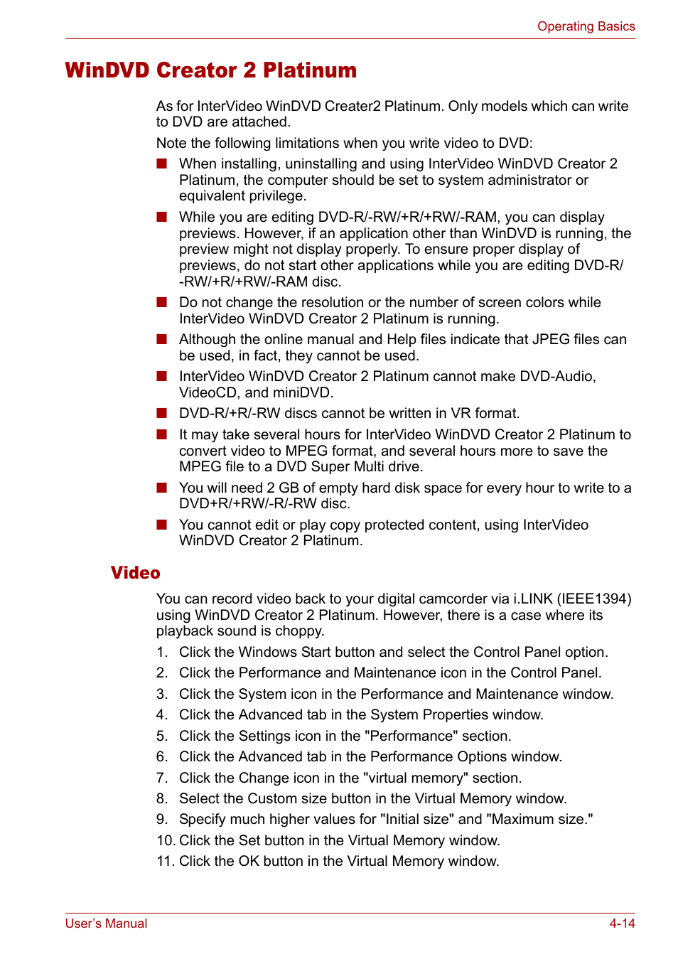 Windvd creator 2 platinum, Windvd creator 2 platinum -14, Video | Toshiba Tecra A3X User Manual | Page 74 / 193