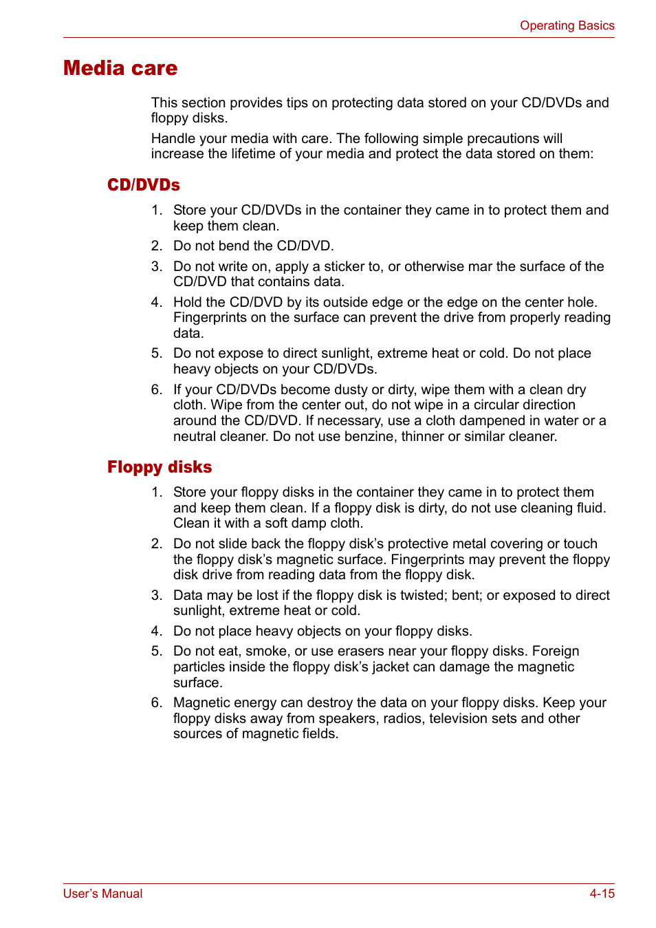 Media care, Media care -15, Cd/dvds | Floppy disks | Toshiba Tecra A3X User Manual | Page 75 / 193