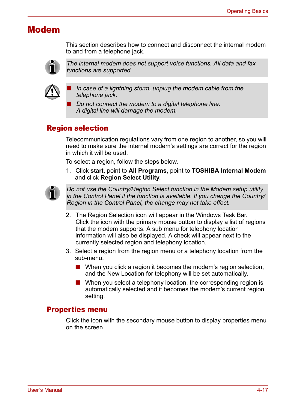 Modem, Modem -17, Region selection | Properties menu | Toshiba Tecra A3X User Manual | Page 77 / 193