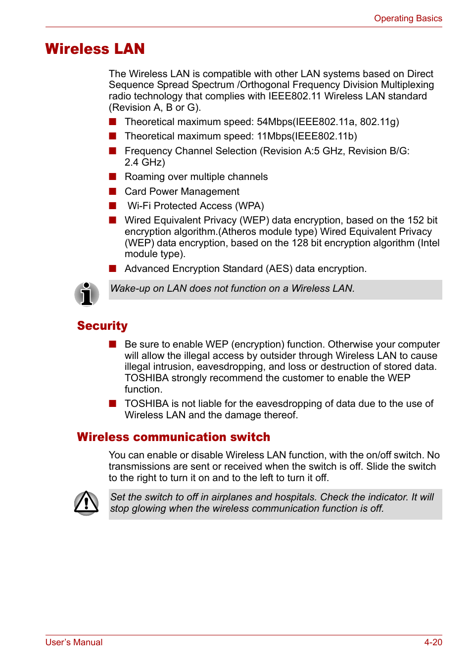 Wireless lan, Wireless lan -20, Security | Wireless communication switch | Toshiba Tecra A3X User Manual | Page 80 / 193