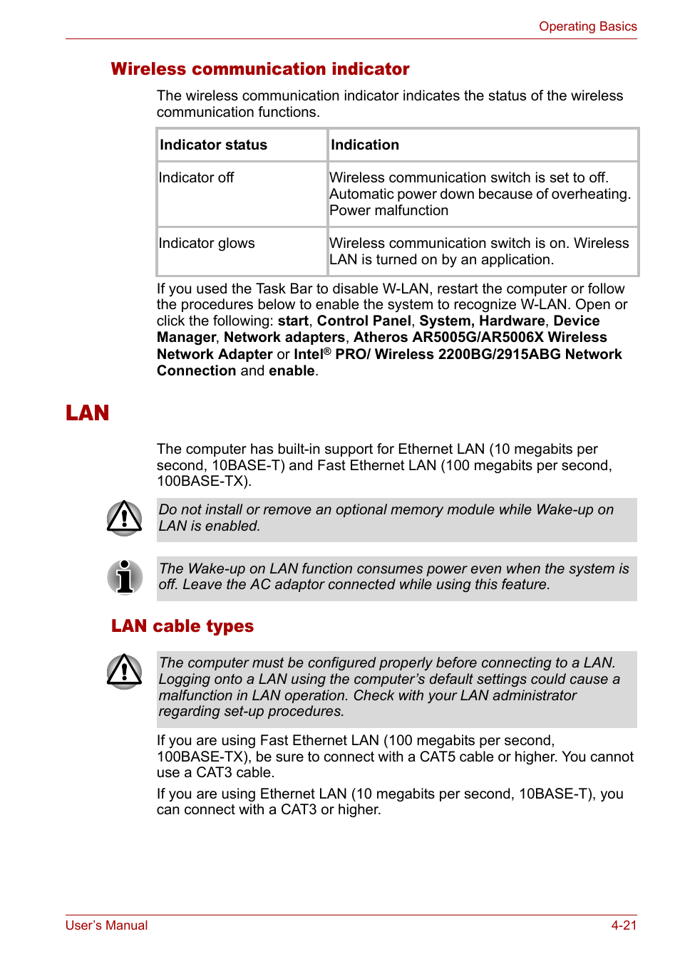 Lan -21, Wireless communication indicator, Lan cable types | Toshiba Tecra A3X User Manual | Page 81 / 193