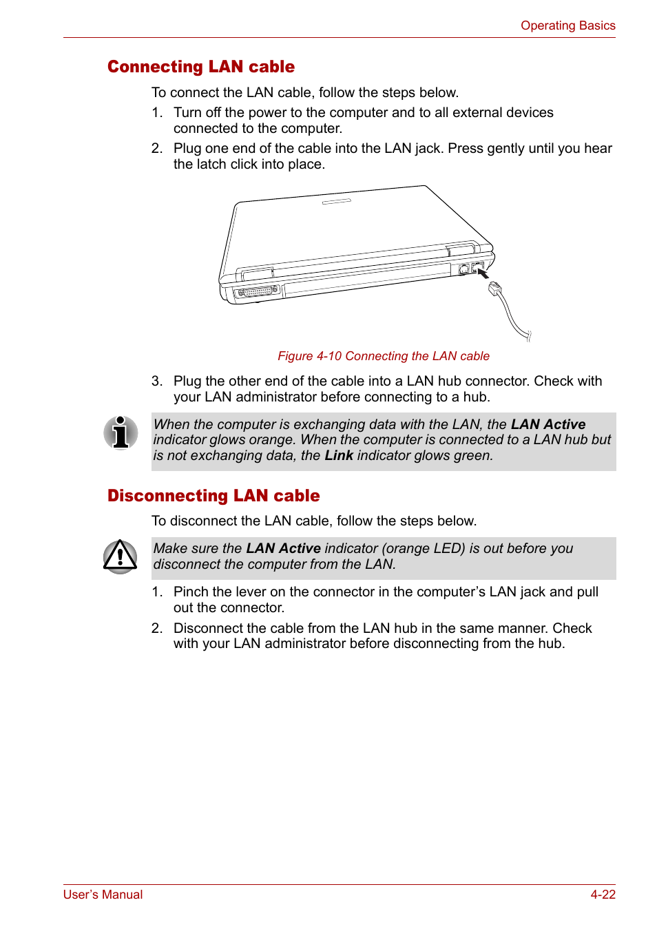 Connecting lan cable, Disconnecting lan cable | Toshiba Tecra A3X User Manual | Page 82 / 193