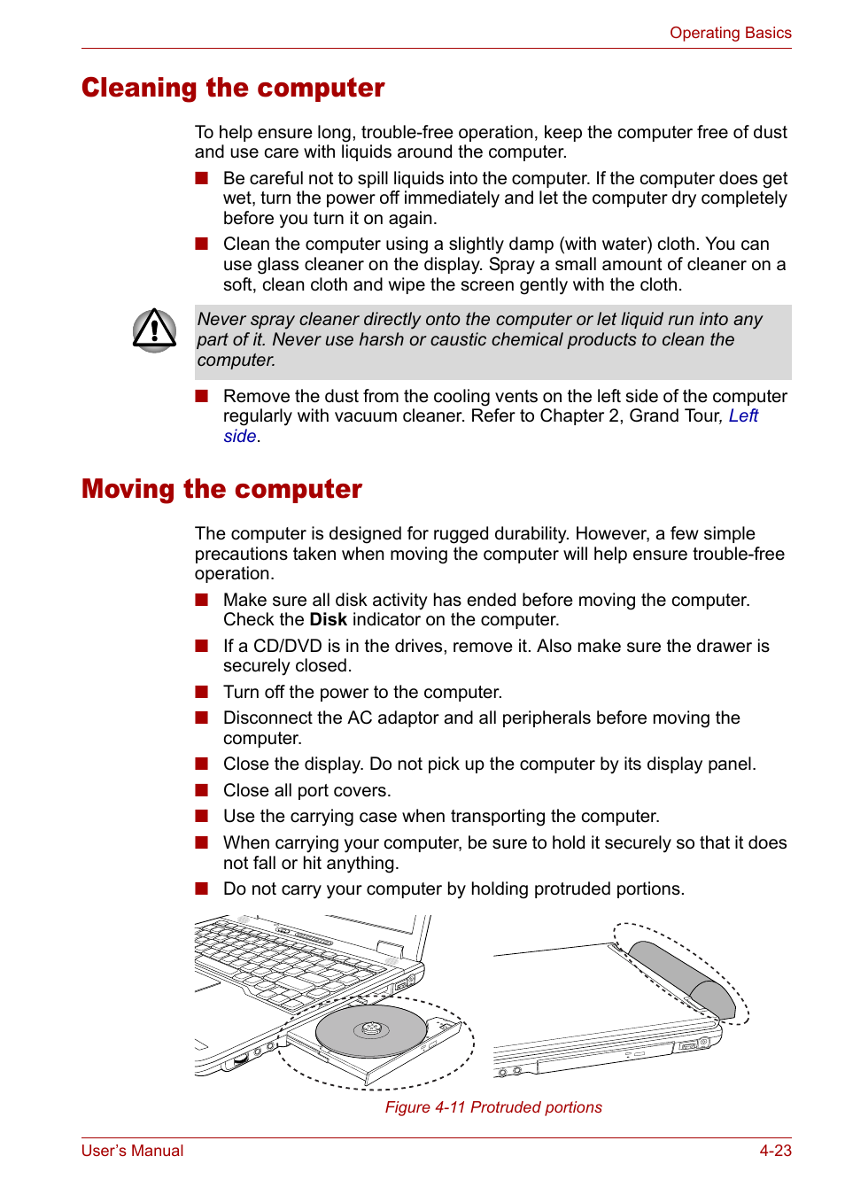 Cleaning the computer, Moving the computer, Cleaning the computer -23 moving the computer -23 | Toshiba Tecra A3X User Manual | Page 83 / 193