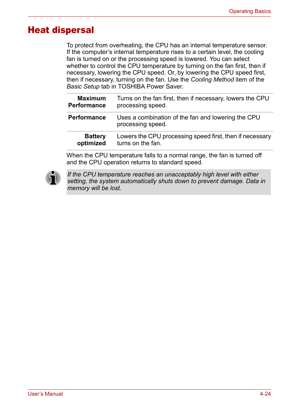 Heat dispersal, Heat dispersal -24 | Toshiba Tecra A3X User Manual | Page 84 / 193