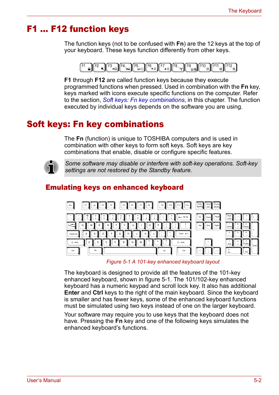 F1 … f12 function keys, Soft keys: fn key combinations, Emulating keys on enhanced keyboard | User’s manual 5-2 the keyboard | Toshiba Tecra A3X User Manual | Page 86 / 193