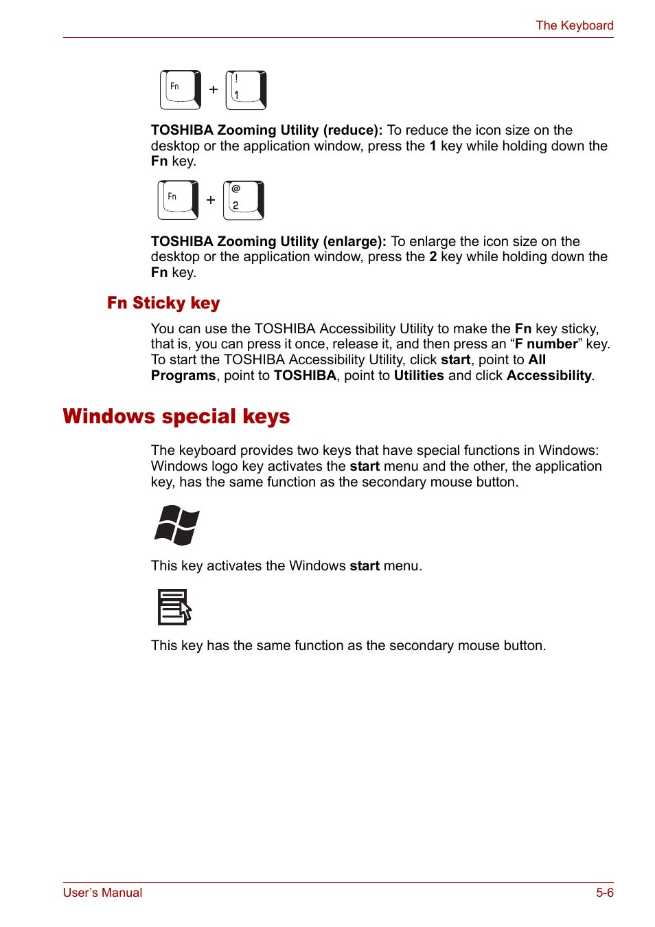 Windows special keys, Windows special keys -6, Fn sticky key | Toshiba Tecra A3X User Manual | Page 90 / 193