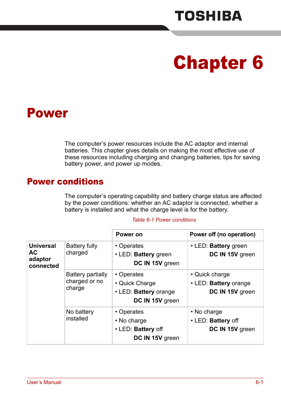 Chapter 6: power, Power conditions, Chapter 6 | Power, Power conditions -1 | Toshiba Tecra A3X User Manual | Page 93 / 193