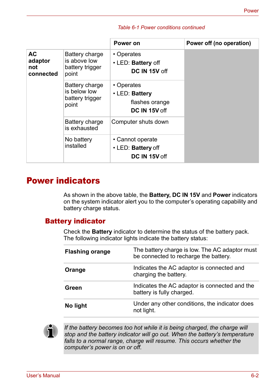 Power indicators, Power indicators -2, Battery indicator | Toshiba Tecra A3X User Manual | Page 94 / 193