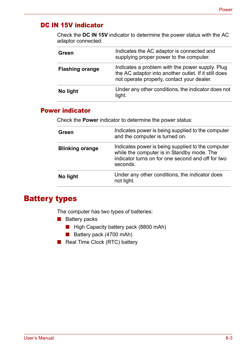 Battery types, Battery types -3, Dc in 15v indicator | Power indicator | Toshiba Tecra A3X User Manual | Page 95 / 193
