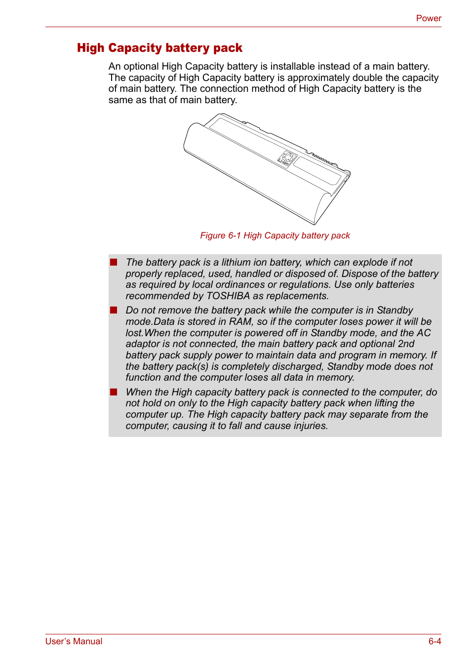 High capacity battery pack | Toshiba Tecra A3X User Manual | Page 96 / 193