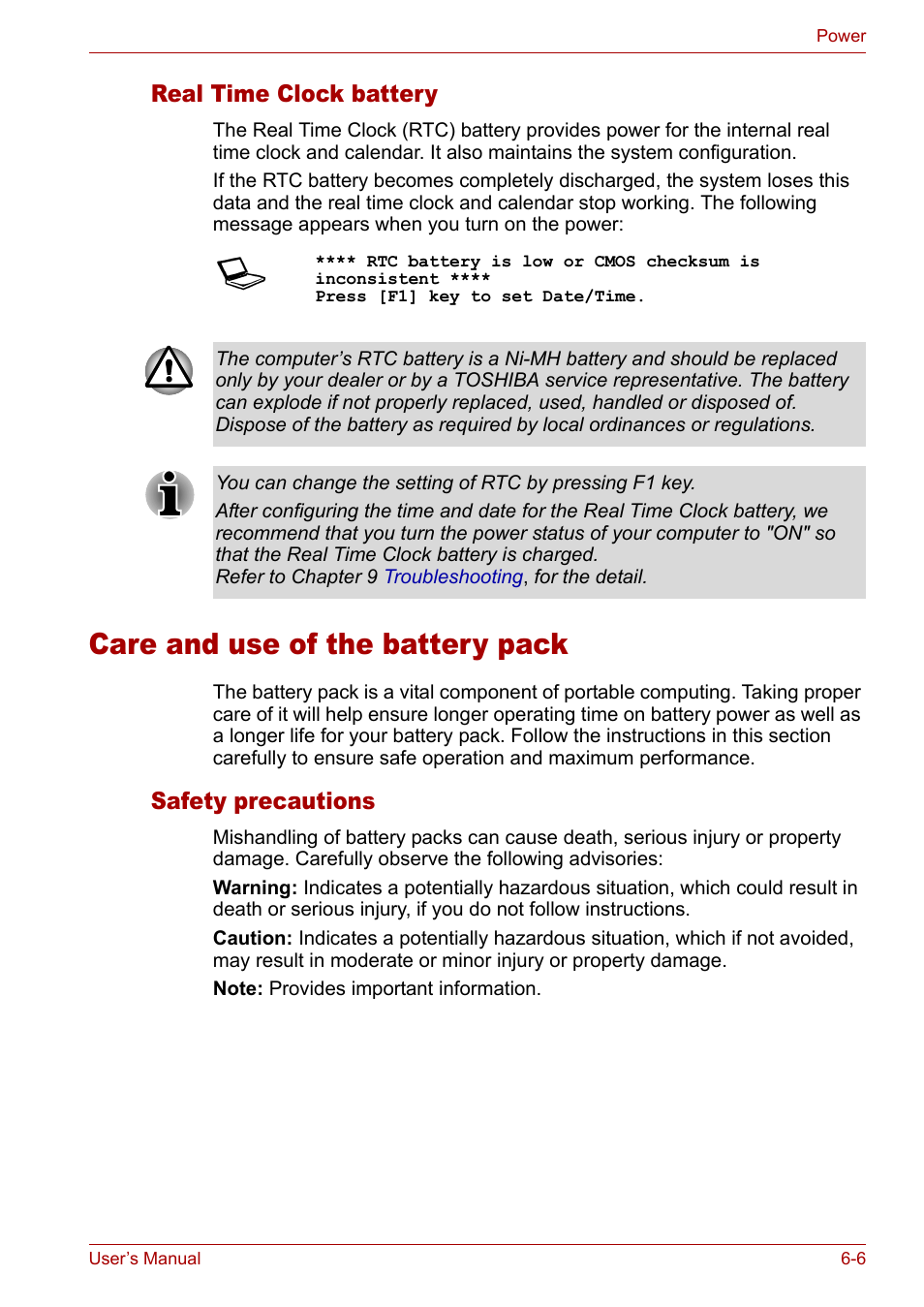 Care and use of the battery pack, Care and use of the battery pack -6, Real time clock battery | Safety precautions | Toshiba Tecra A3X User Manual | Page 98 / 193