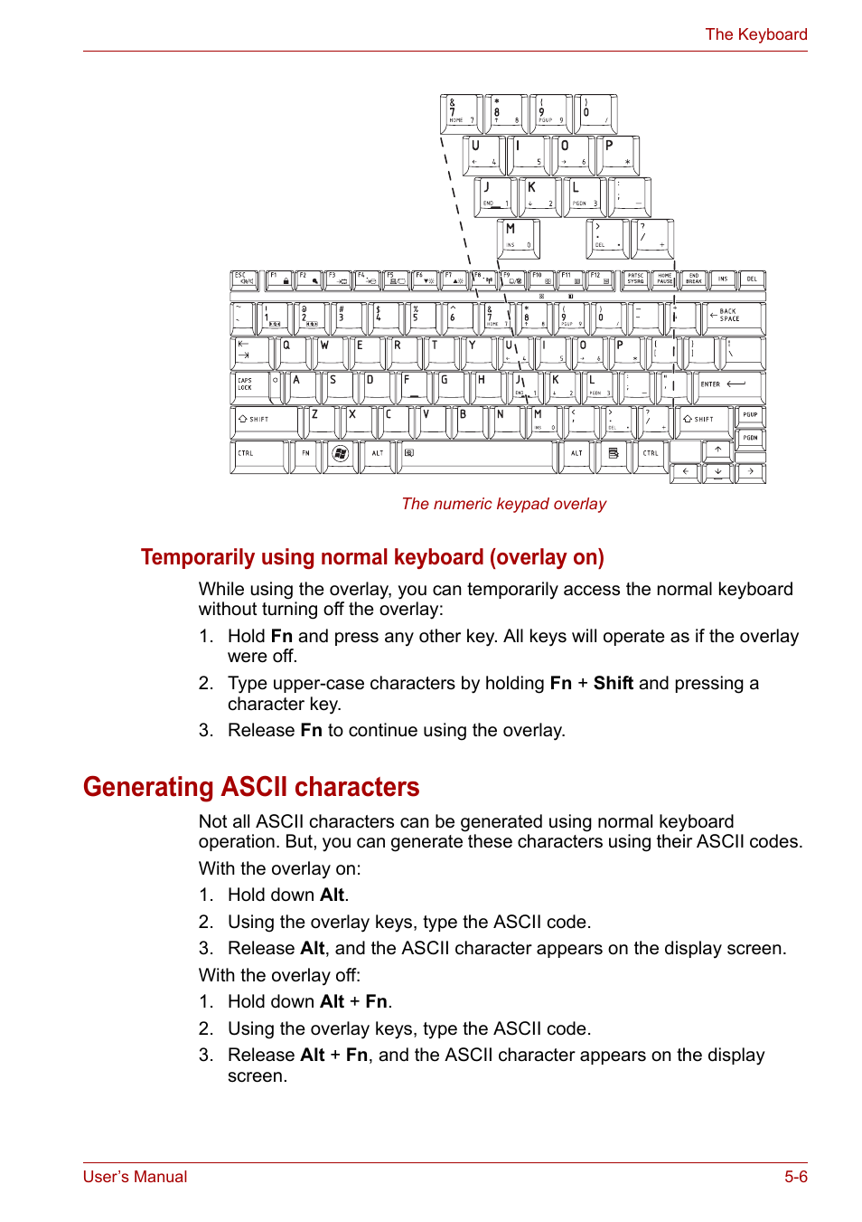 Generating ascii characters, Generating ascii characters -6, Temporarily using normal keyboard (overlay on) | Toshiba SATELLITE U400 User Manual | Page 101 / 177