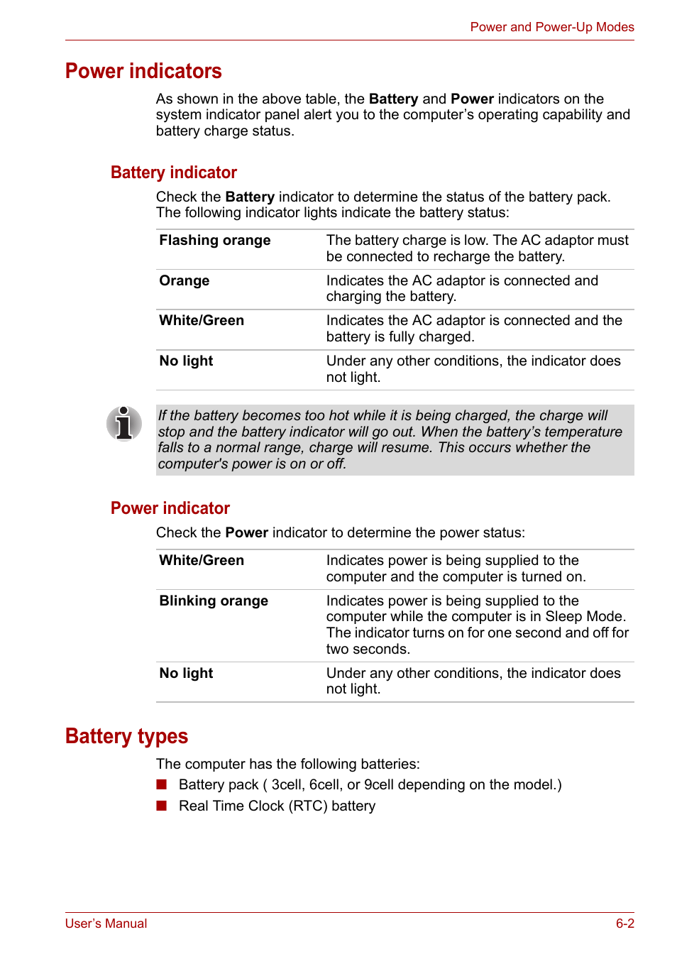 Power indicators, Battery types, Power indicators -2 battery types -2 | Battery indicator, Power indicator | Toshiba SATELLITE U400 User Manual | Page 103 / 177